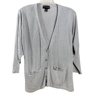 VTG Lisa Originals XL Silver Sparkly Button Up Cardigan Rayon Blend Metallic EUC